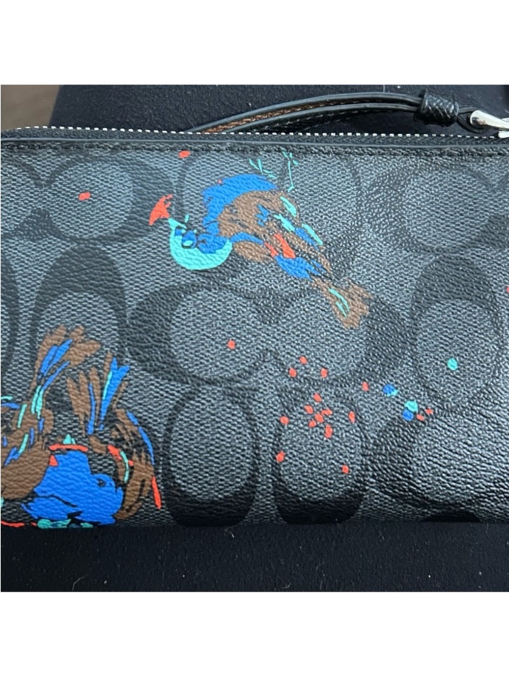Coach Bird Print Black SmokeSignature Wristlet with Blue and Brown Floral Accent - Picture 2 of 4
